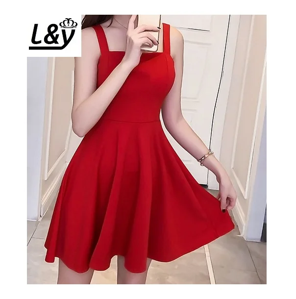Красный L& Y с квадратным вырезом женское платье летние женские Vestidos Новое поступление Мода Твердые вязать без рукавов тонкая линия Элегантное платье - Цвет: Красный