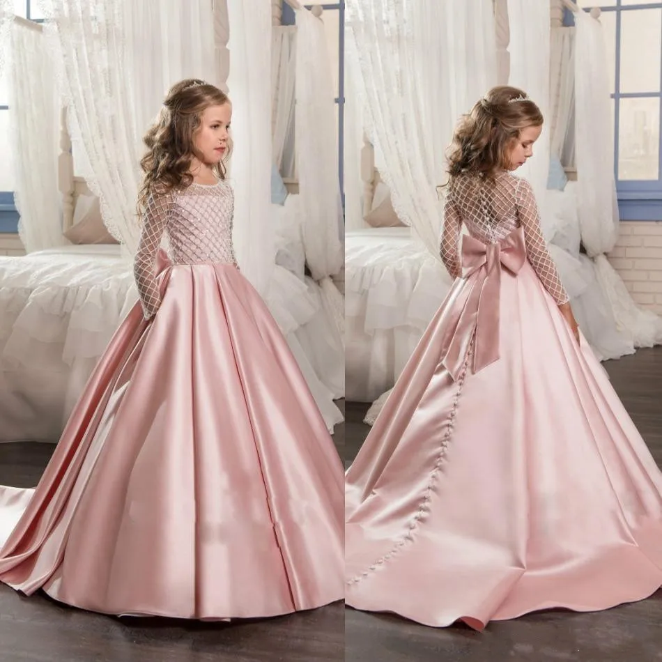 New Pink Flower Girl Dress for Wedding Button Back Long Sleeves Little Girls Birthday Party Gown Christmas Dress 2-14Y