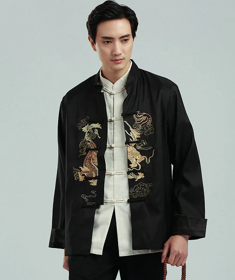 Мужской винтажный костюм с длинным рукавом и вышивкой в виде драконов рубашка