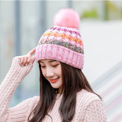 Large wool ball colour strip knitted outdoor plush and thicker cap warm autumn winter ladies⟊p |