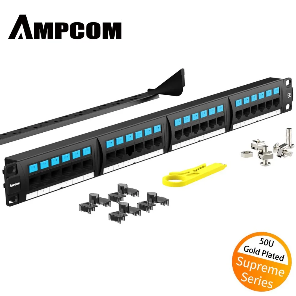 AMPCOM Supreme Series CAT5/5e Patch Panel 50u Gold Plated 1U 24-Port Rackmount or Wallmount Punch Down |