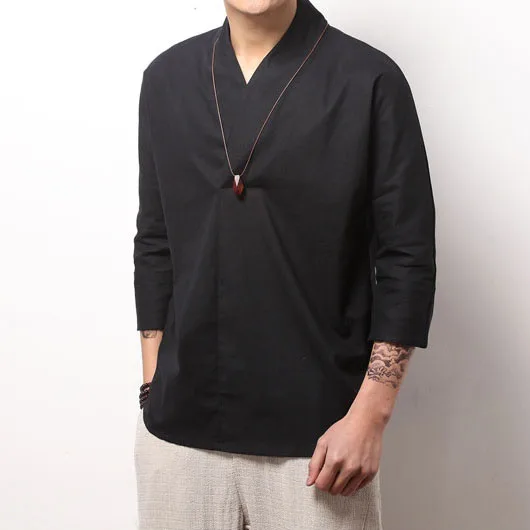 Black(Asian Size) Прямые поставки, мужские однотонные, стиль Харадзюку, летние рубашки,, уличная одежда, льняная рубашка, мужская мода, китайский стиль, Винтажные белые рубашки - Цвет: Black(Asian Size)