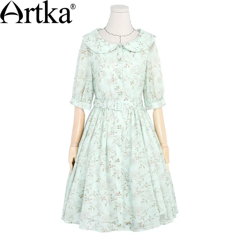 ARTKA женское летнее Новое Хлопковое платье с принтом гофрированный воротник рукав
