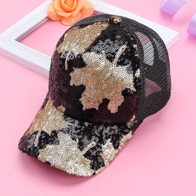 New Creative Women Bling Shinning Sequin Caps Cute Glitter Maple Leaf Summer Mesh Baseball Cap Adjustable Sunscreen Ponytail Hat |