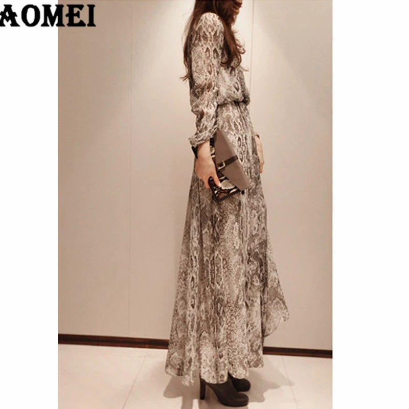 Women Long Sleeve Dress Snake Printed Elastic Waist Chiffon Loose Shirt Dresses Boho Casual Ladies Vintage Robes Spring | Женская одежда