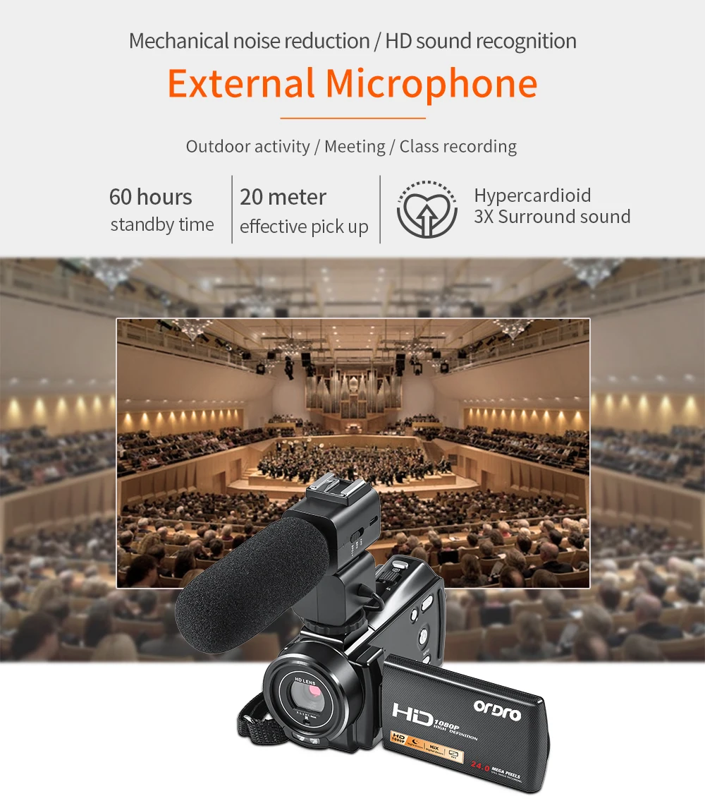 Ordro V7 Plus 1080P видеокамера Full HD видеокамера 16X цифровой зум 3,0 дюймов сенсорный экран Инфракрасный микрофон ночного видения