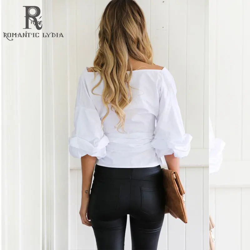 2019 Casual Off Shoulder Tops Women Summer Puff Sleeve Shirts with Sashes Lady Sexy V Neck Beach Blouse |