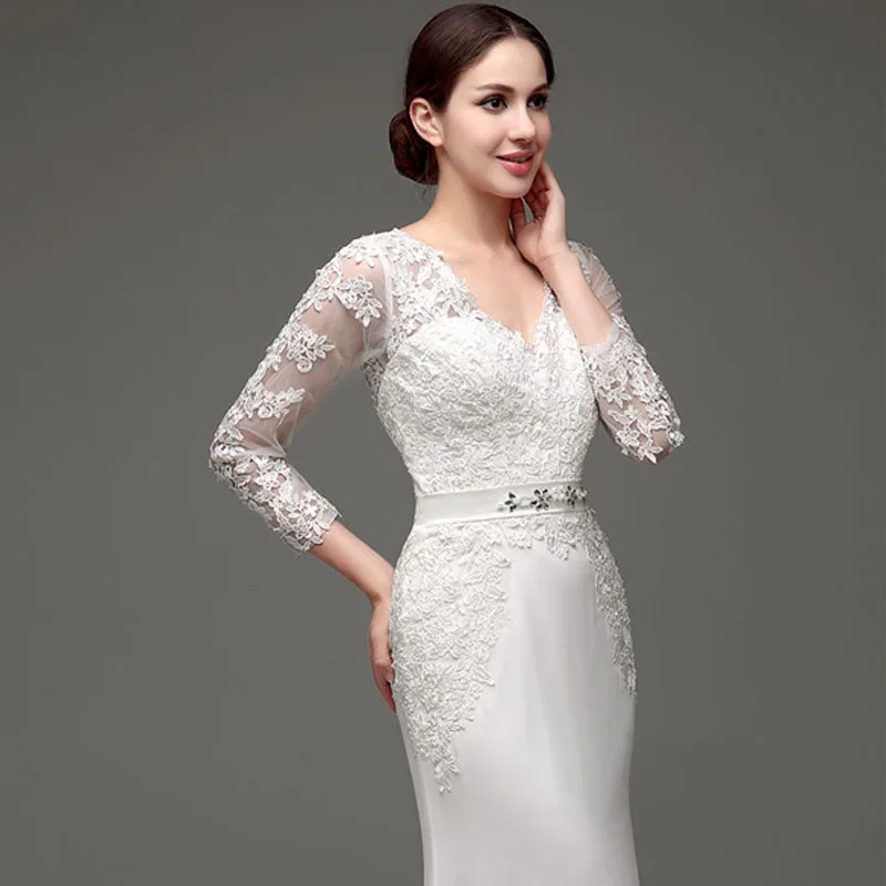 Женское свадебное платье с длинным рукавом фатиновое кружевной аппликацией и V