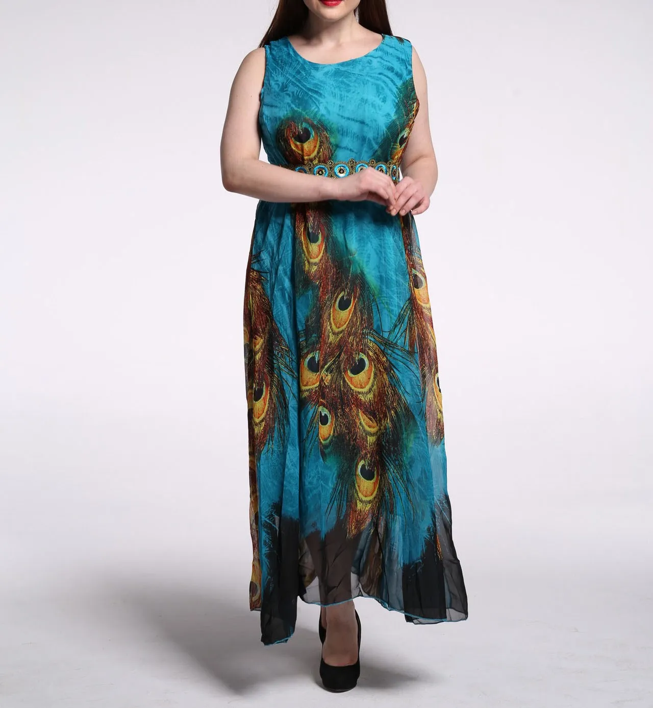 Женское летнее элегантное шифоновое платье с принтом павлина Пляжное высокой