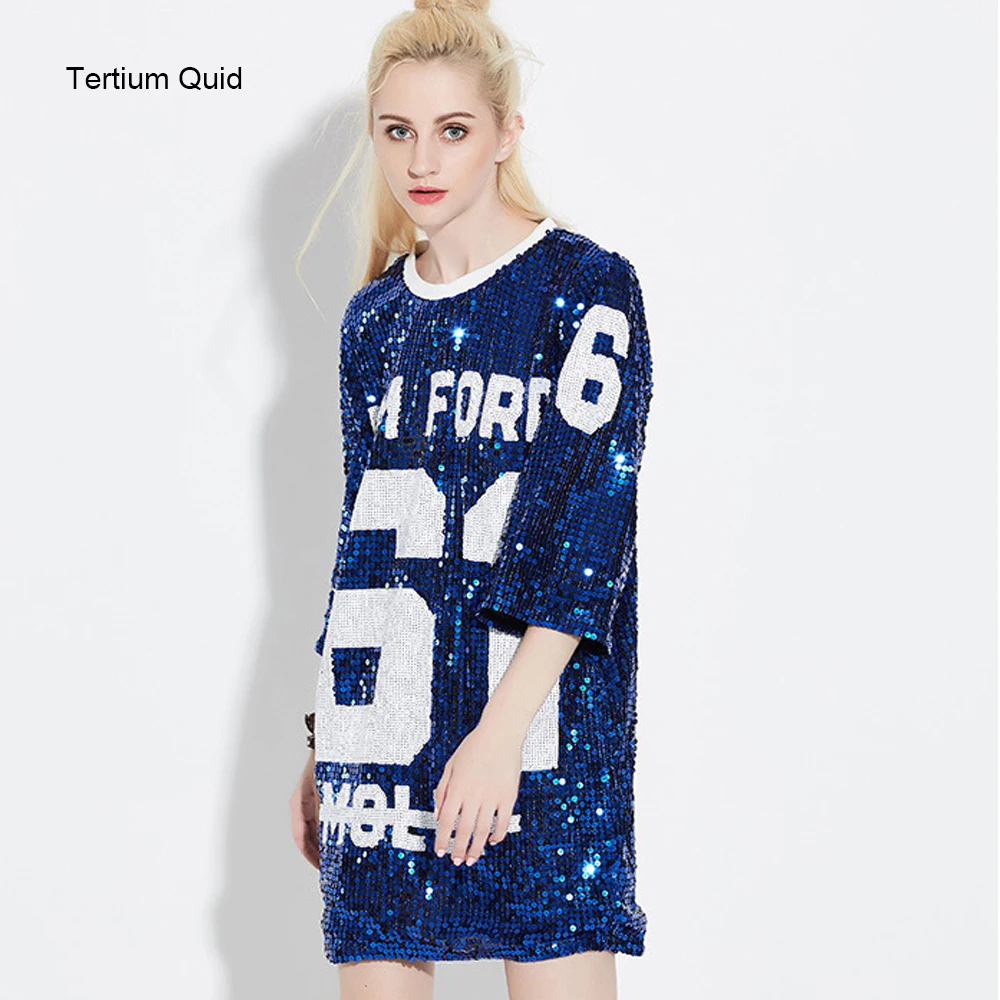 New Arrival Women T-Shirt Dresses Sequined Top Loose Knee Length Dress Dance Tops Graphic Tees T shirt Free Shipping | Женская одежда
