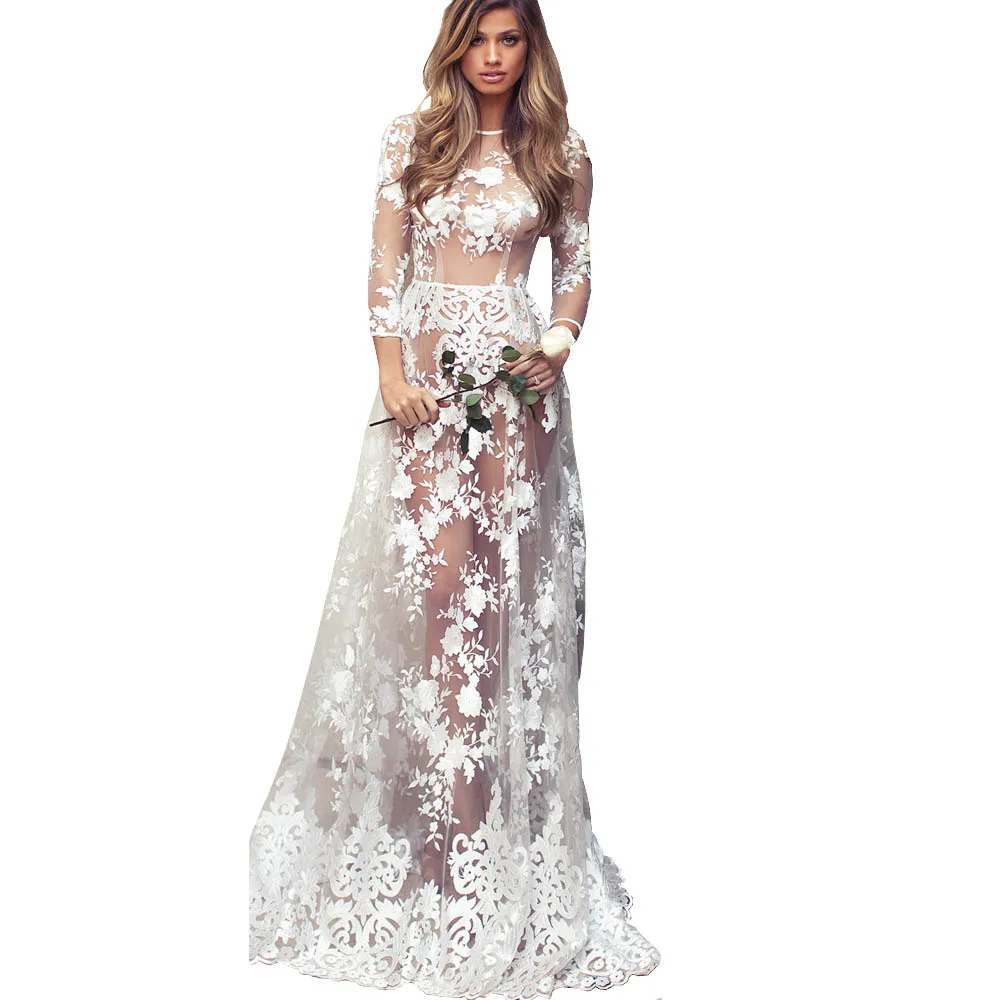 Женское Прозрачное платье туника с длинным рукавом белое кружевное в пол Клубная