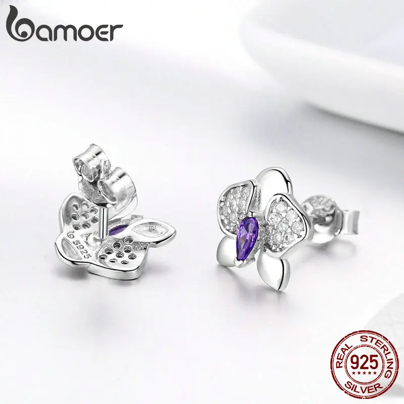 Женские серьги гвоздики с цветком орхидеи Bamoer из настоящего серебра 925 пробы