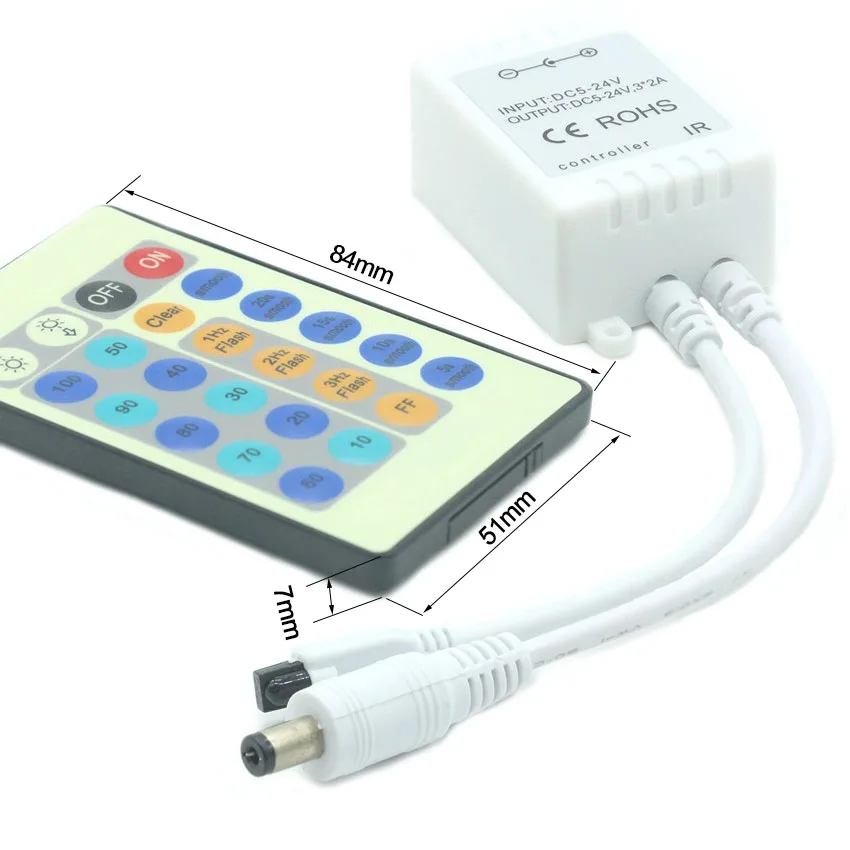

24 key DC5-24V 3*2A IR RGB Controller Dimmer With Mini Receiver for SMD 3528 5050 3014 LED Light Strip Flashing modes adjustable