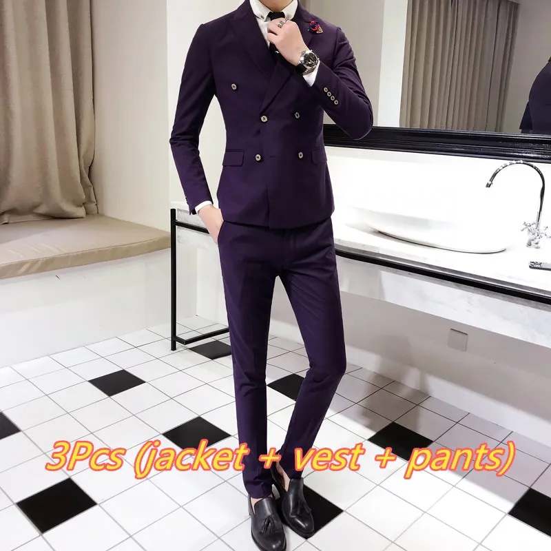 3 PCS Purple Роскошный Королевский мужской костюм 3 комплекта модный бутик двубортный сплошной цвет свадебное платье Тонкий деловой, банкетный вечерний наряд - Цвет: 3 PCS Purple