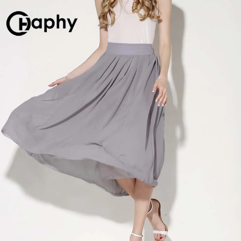 Винтаж Твердый Шифон юбки 2017 юбка лето шифон макси плиссе Мода Серый женская Юбка