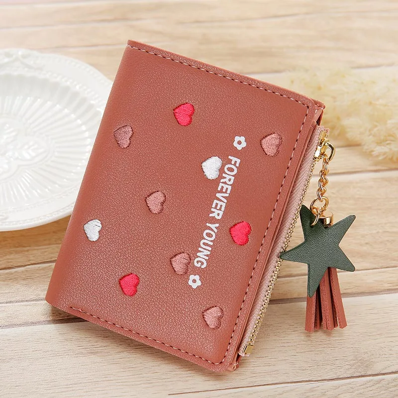 Brown Женские кошельки с сердечками, женские кошельки на молнии, кошелек для монет, держатель для карт, кошелек с кисточками, Короткие сумочки для денег, женские сумки, клатч для девочек - Цвет: Brown