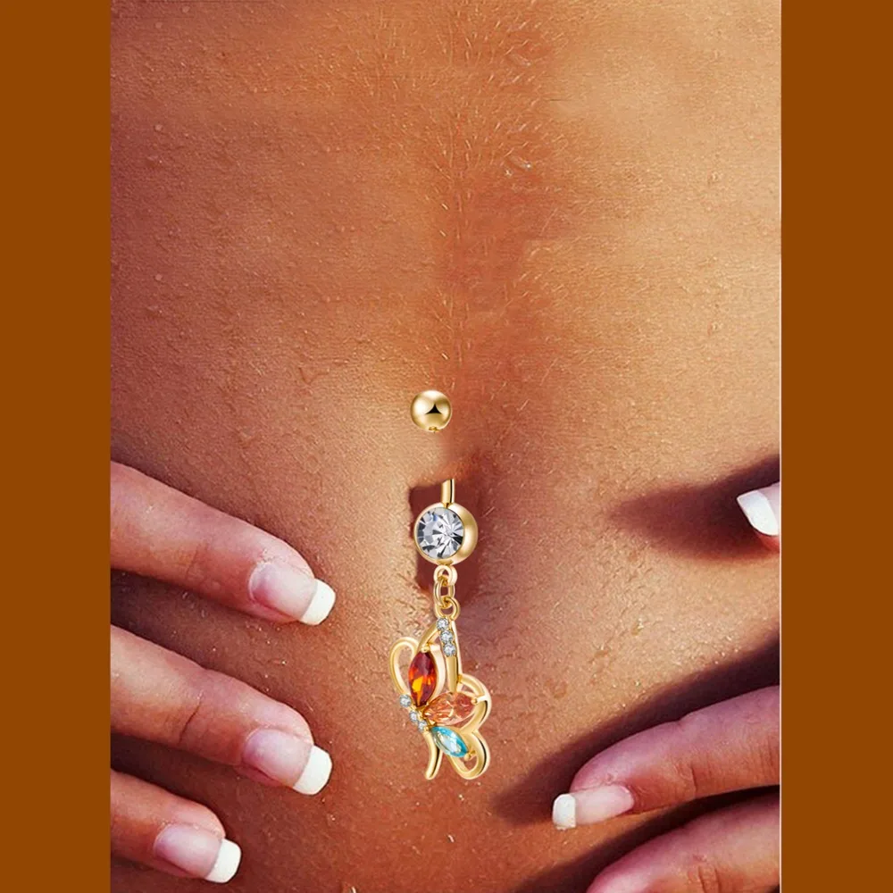 Cute butterfly Zircon chain gold color Navel Piercing Rings Belly Button Rings Surgical Steel Rhinestone Body Jewelry