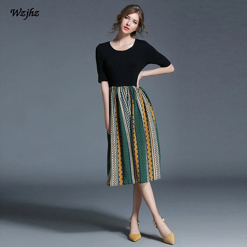 WZJHZ шею Тонкий полосатый с короткими рукавами Шифоновое Платье Геометрические