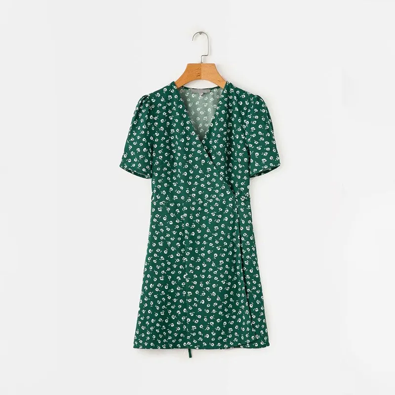 New Fashion Women V-Neck Floral Print Slim Dresses Vintage Summer Short Sleeve Lace-Up Mini Dress | Женская одежда