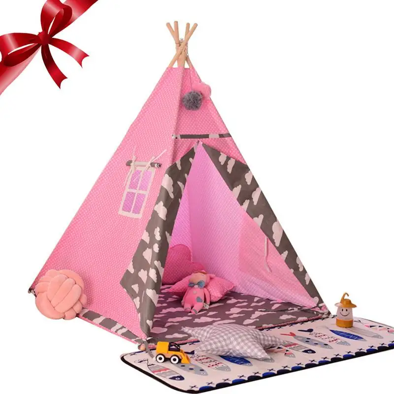 Pink Крытая детская палатка, игровой домик, размер упаковки 45*22*13 см, украшение из белого шерстяного шара, Детская альпинистская палатка, крытая игровая комната - Цвет: Pink