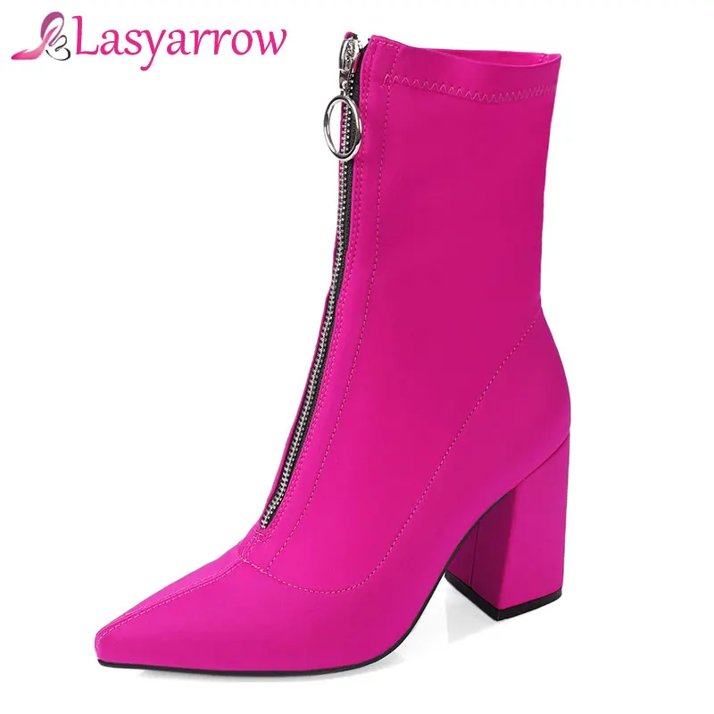 

Lasyarrow 2018 Autumn Women Sock Boots Stretch Fabric Pointed Toe High Heels Ankle Boots Stiletto Botas Mujer Chunky Heel Zipper