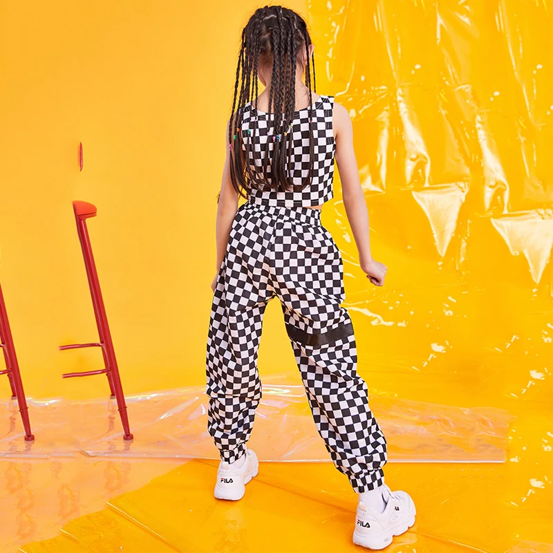 

Jazz Dance Costumes Black Plaid Vest Pants Kids Hip Hop Street Dancing Clothes Girls Cheerleading Performer Dancewear DNV11375