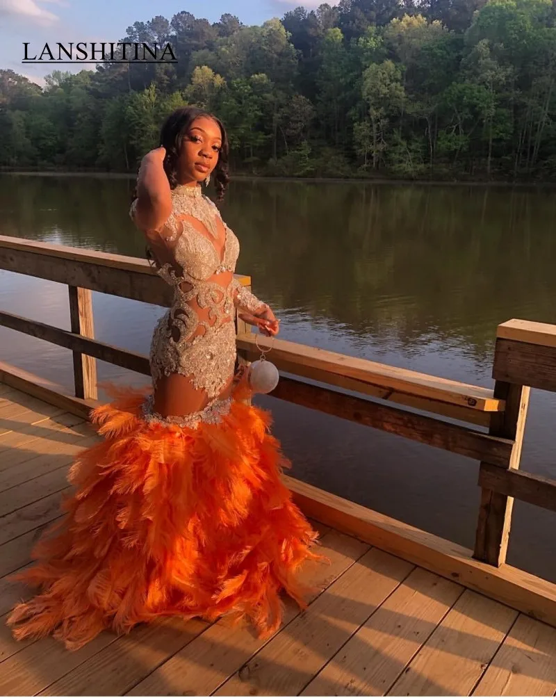 2K19 Girls Pageant Dresses Mermaid Long Sleeves Organza Prom Gowns Bling Beaded Feather Evening Dress High Neck | Свадьбы и