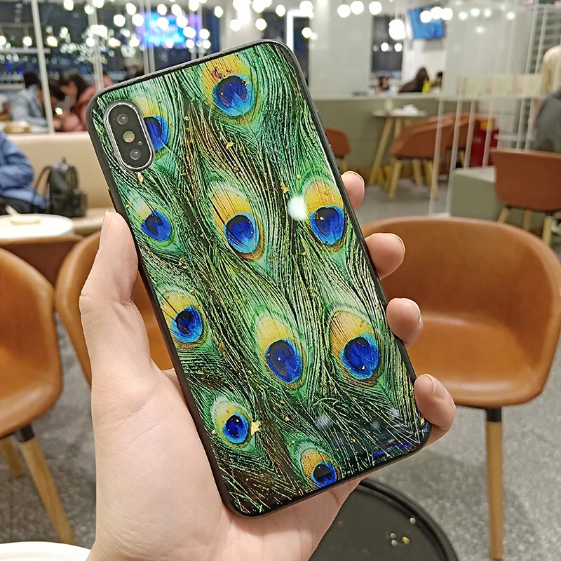 Luxury Peacock Feather Case for iPhone X XS Max XR Glossy Hard Capa Fundas 8 7 6 6S Plus Glitter Cover For Girls |