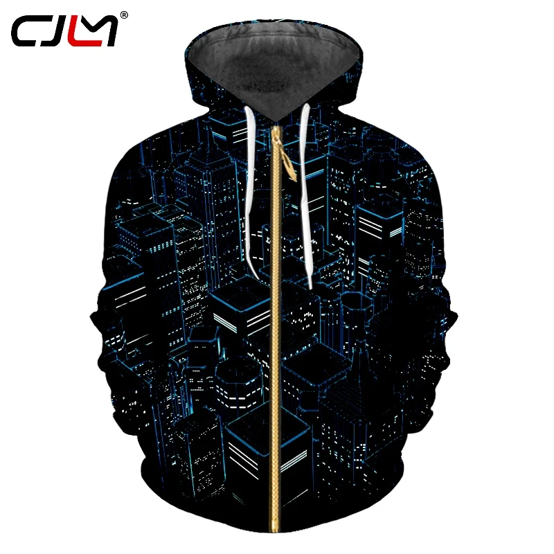 

Мужская Черная Толстовка CJLM с капюшоном на молнии, мужская повседневная куртка большого размера на молнии с 3D полным принтом, город научной фантастики