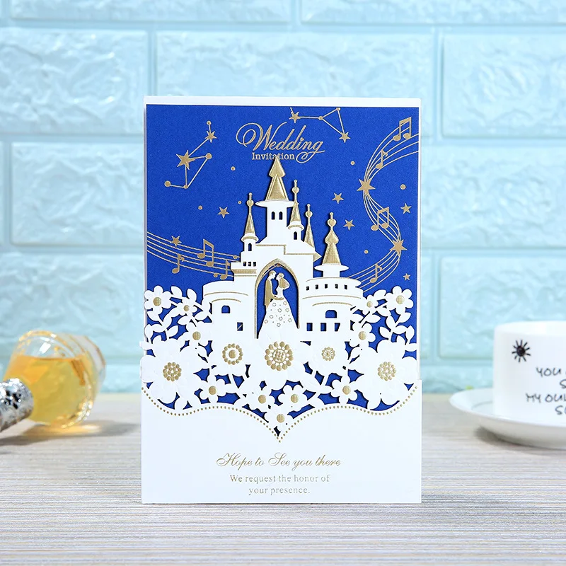 

(100 pieces/lot) Romantic Castle Blue White Wedding Invitation Customize Print Bride Groom Floral Marriage Invitation Card IC119