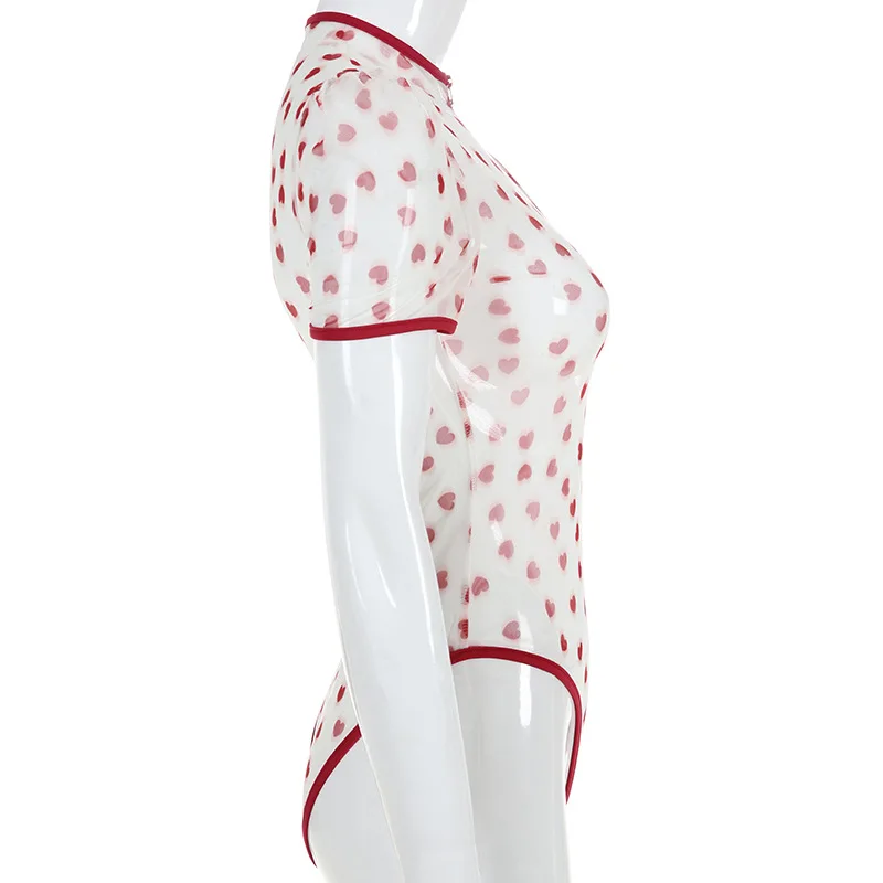 Арцу Сердце Красный сексуальный боди сетка Bodycon комбинезон короткий рукав сексуальный прозрачный боди Летний комбинезон женский боди ASJU20415