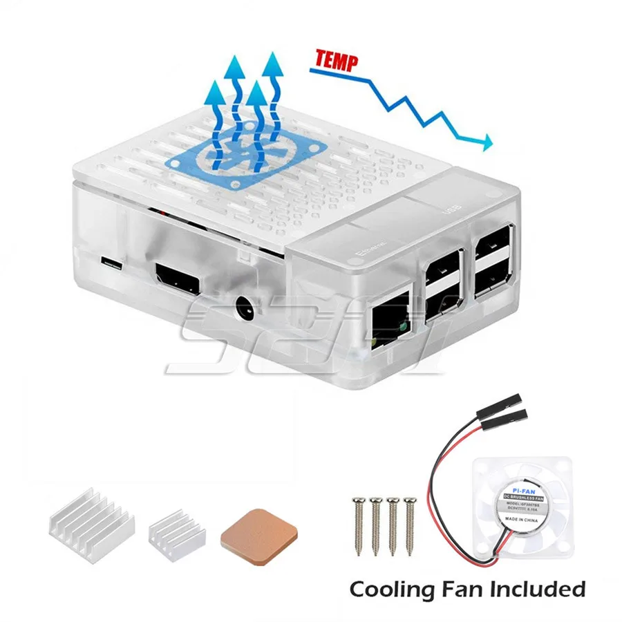 Clear 52Pi ABS черный/белый цвет чехол Корпус крышка комплект с радиаторы и охлаждающим вентилятором для Raspberry Pi 3 Модель B+/3/2 Модель B - Цвет: Clear