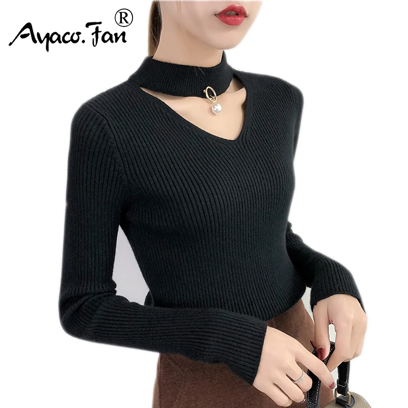 Sexy Halter V-Neck Bodycon Sweater 2018 Autumn Winter New Cute Solid Beading Slim Lady Pullovers Female Knitted Thick | Женская одежда