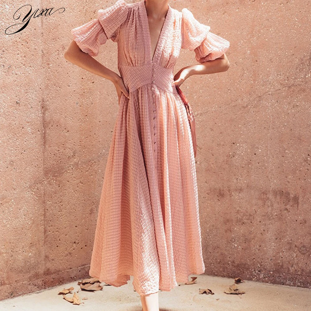 

Платье женское шифоновое средней длины с глубоким V-образным вырезом и рукавом-фонариком