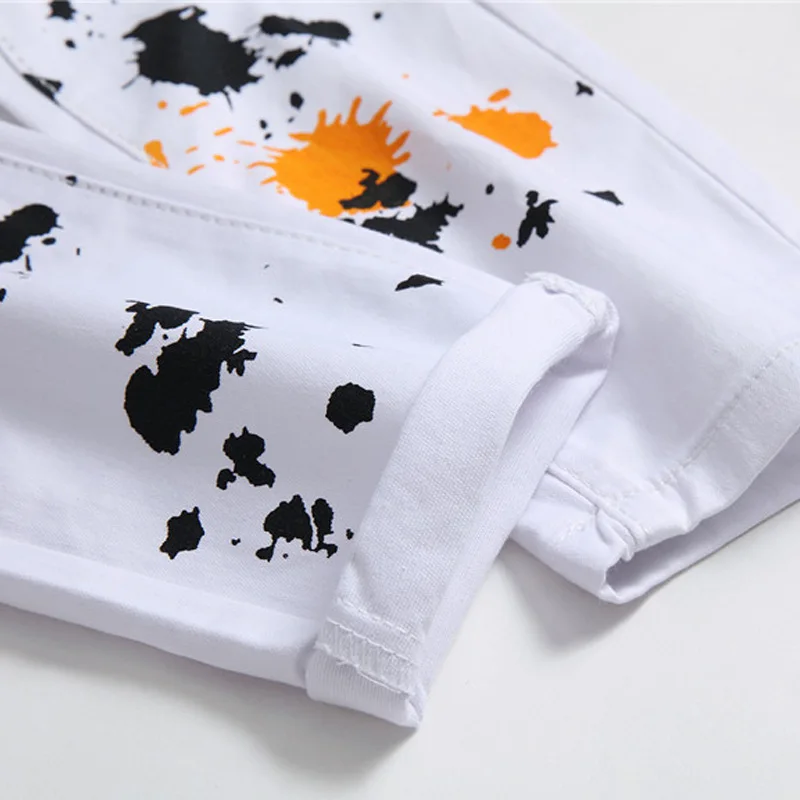 

Listed In 2020 New White Jeans Men Fashion Printing Slim Fit Straight Jeans Man Fragmentation Pattern Elastic Force Trousers