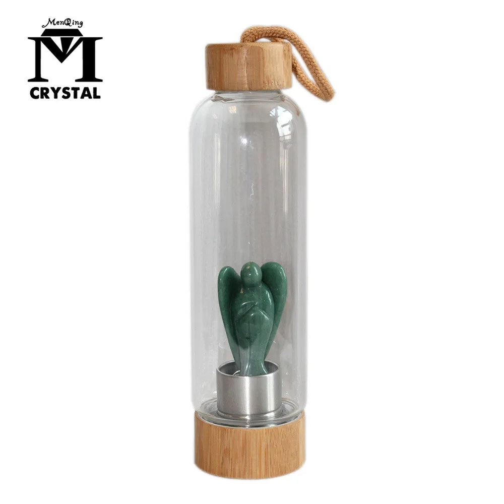 

Natural Aventurine Crystal Angel Glass Water Bottle Point Wand Infused Elixir cup Glass Bamboo Bottle healing Gem Elixir Water