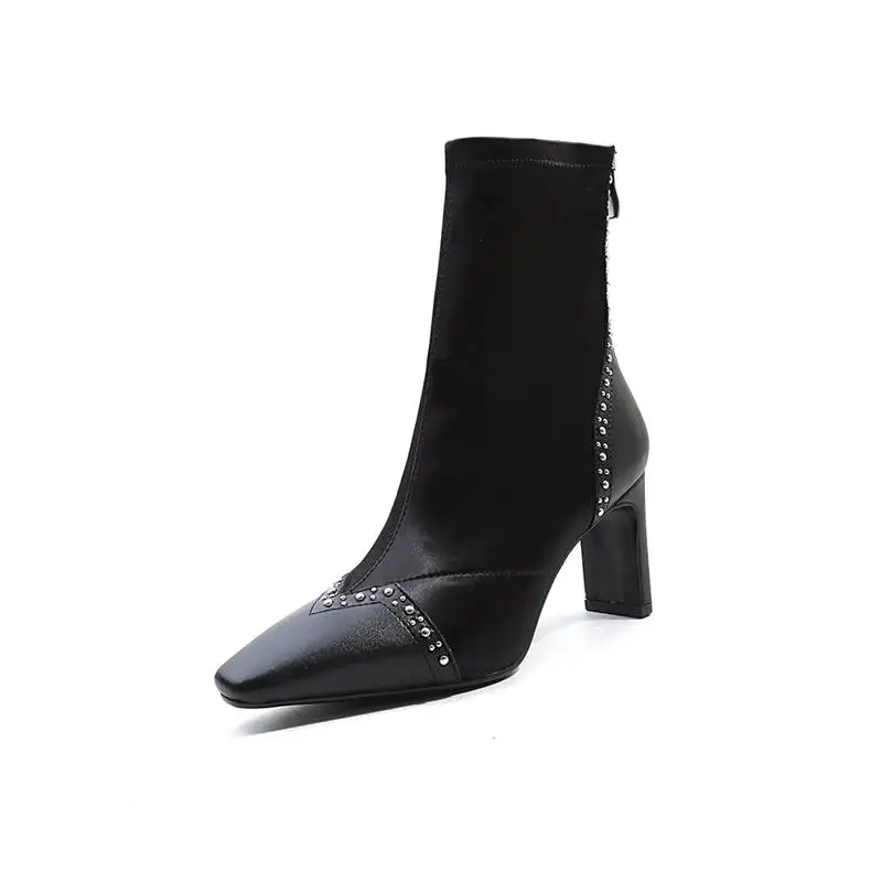 MEMUNIA SIZE 34-42 2020 NEW fashion genuine leather+stretch fabric ankle boots women rhinstone zip high heel casual shoes | Обувь
