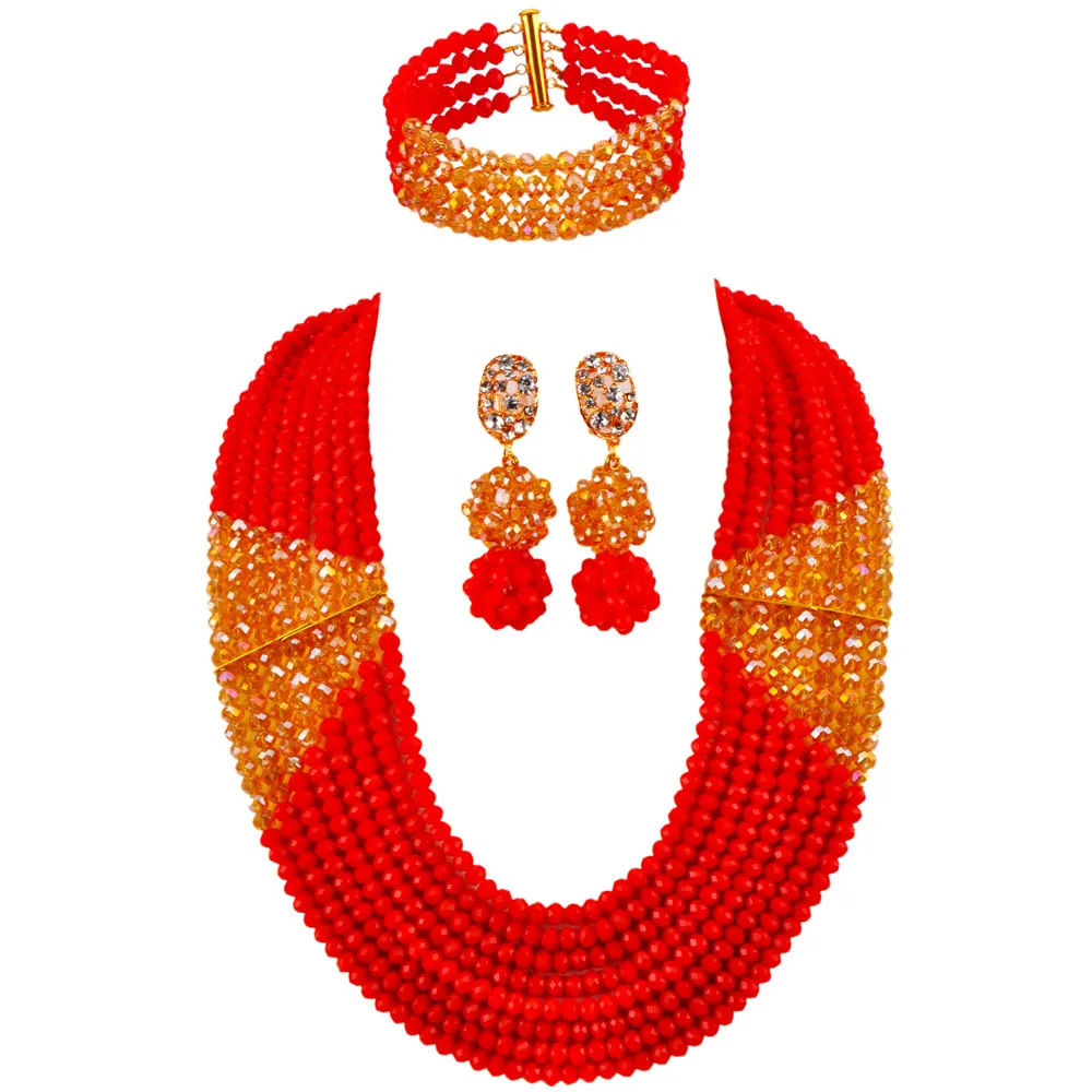 

New Arrived Opaque Red and Champagne Gold AB Nigerian Wedding African Beads Jewelry Set Crystal Bridal Jewelry Sets LBSJ04