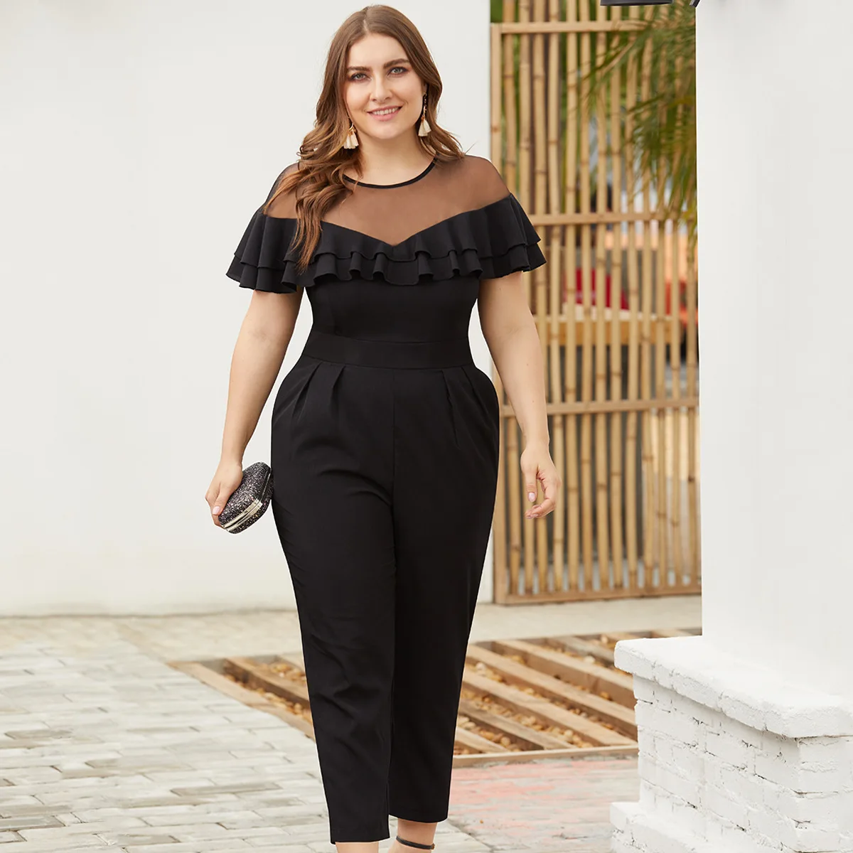 

2019 Fashion Summer V-Neck Sleeveless Rompers Belt Plus Size playsuits Regular Casual Long Jumpsuit Hollow Out Polyester Solid