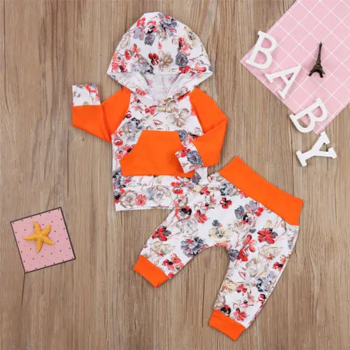 Newborn Baby Girls Clothes Set Long Sleeve Flower Hooded Tops Pants Lggings Outfits | Детская одежда и обувь