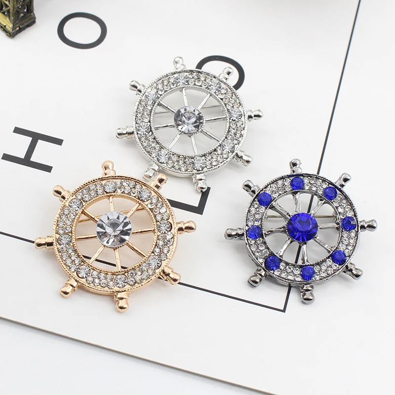 Модные стразы темно синяя брошь корсаж высокое качество Золотой синий руль броши