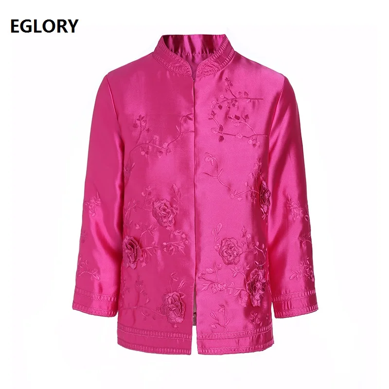 

2020 Autumn Fashion Jackets High Quality Coat Women Exquisite Embroidery 3/4 Sleeve Vintage Tops Coat Yellow Rose Red White XXL