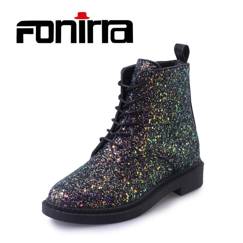 Fonirra женские ботильоны Повседневное Bling Для женщин сапоги осенние блестящие