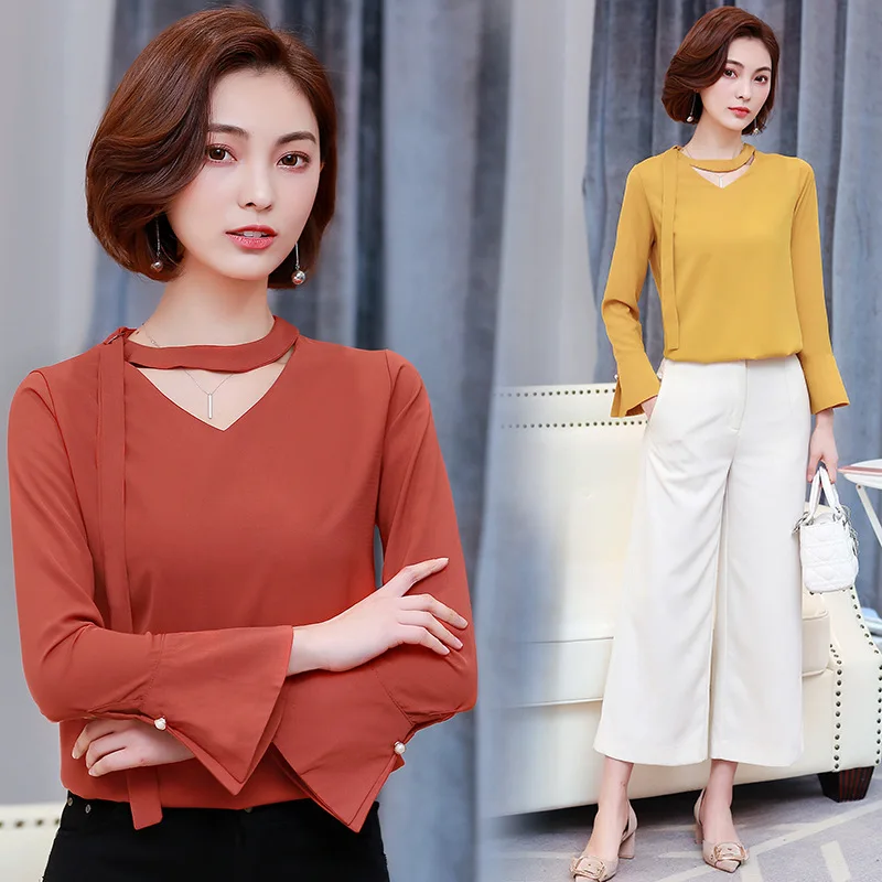 Large Size Women's Long-sleeved Chiffon Shirt Spring Autumn New Korean Fashion Trumpet Sleeve Female Bottom Blouses Tops H9048