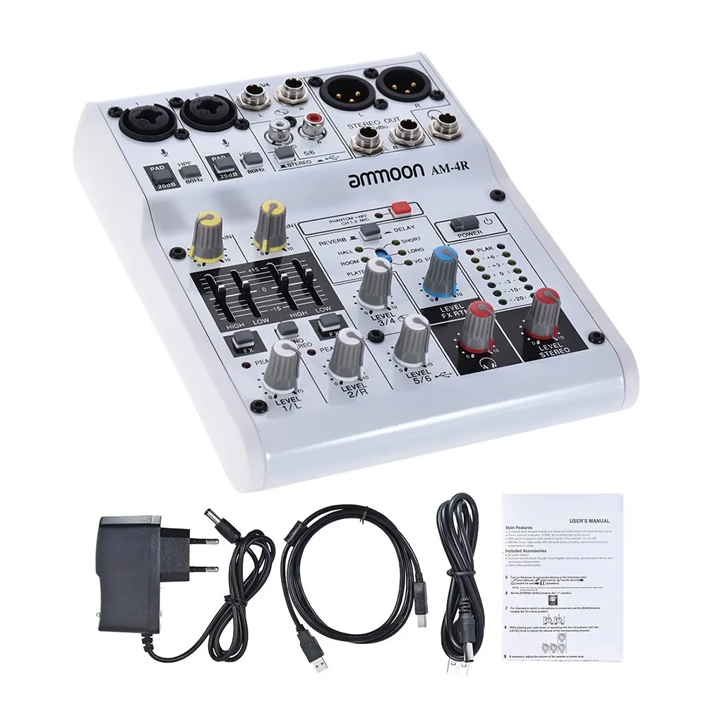 6Channel EU PLUG Ammoon AM-4R 6-канальный звуковая карта цифровой аудио смеситель микшерный пульт встроенный 48V Phantom Мощность Поддержка Мощность ed 5V Мощность банка - Цвет: 6Channel EU PLUG