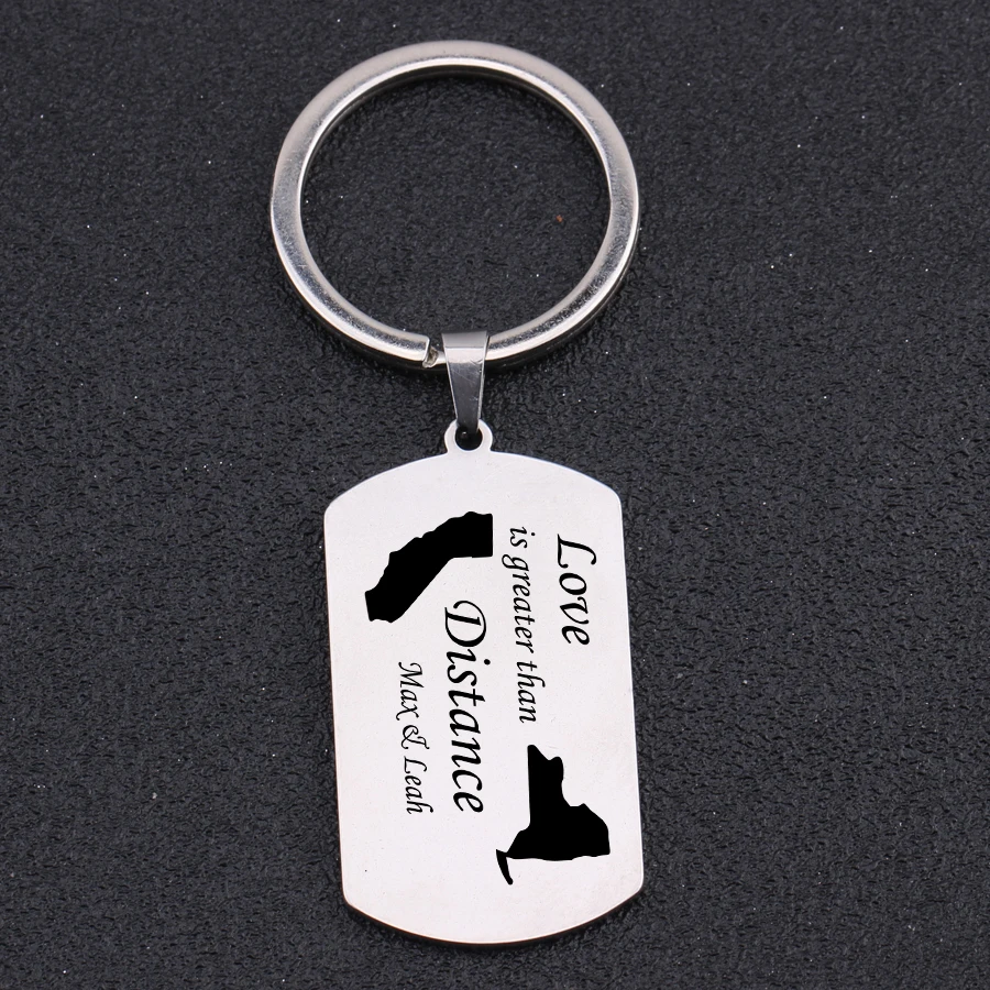 Name Customized Engraved Love Is Greater Than Distance Map Key Chains Long Keyring High Quality Keys Holder Keytag | Украшения и