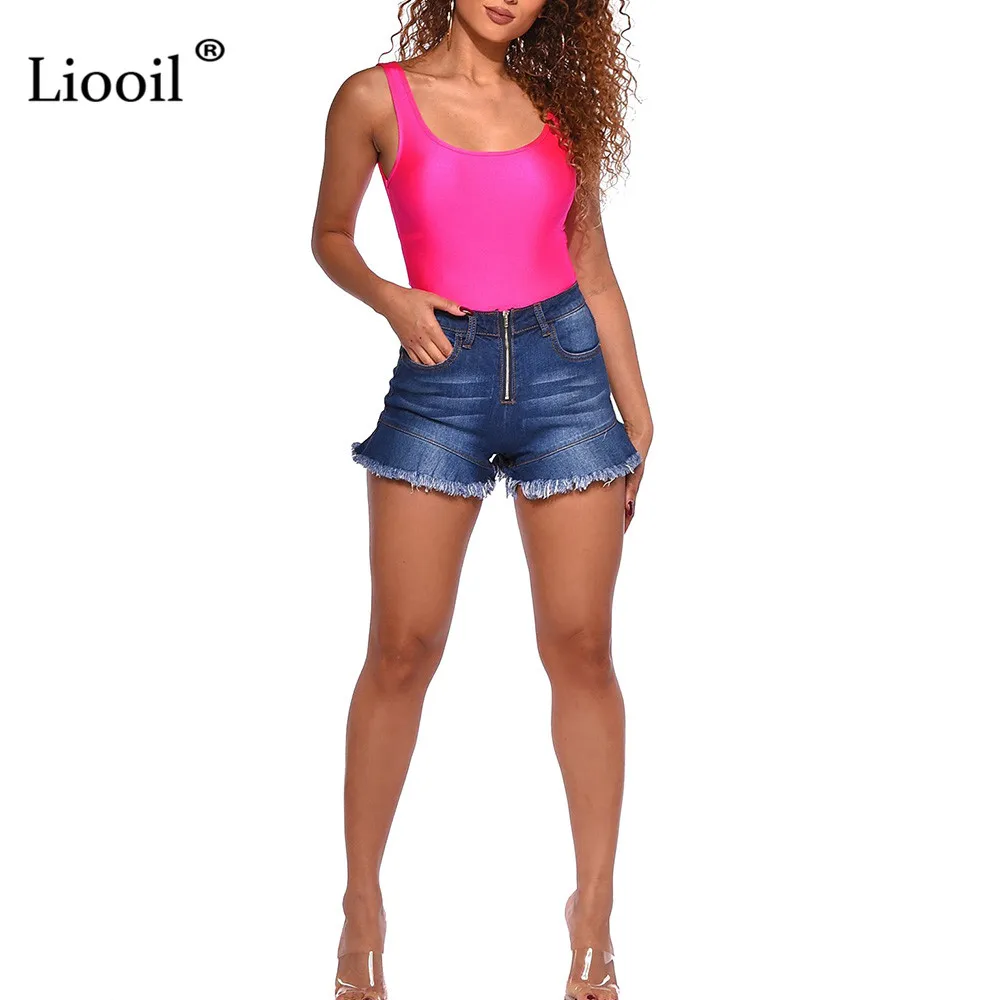 Liooil плюс размеры шорты для женщин для повседневное Лето г. хлопок Sexy Rave Jean Короткие Модные карман на молнии середины талии сини