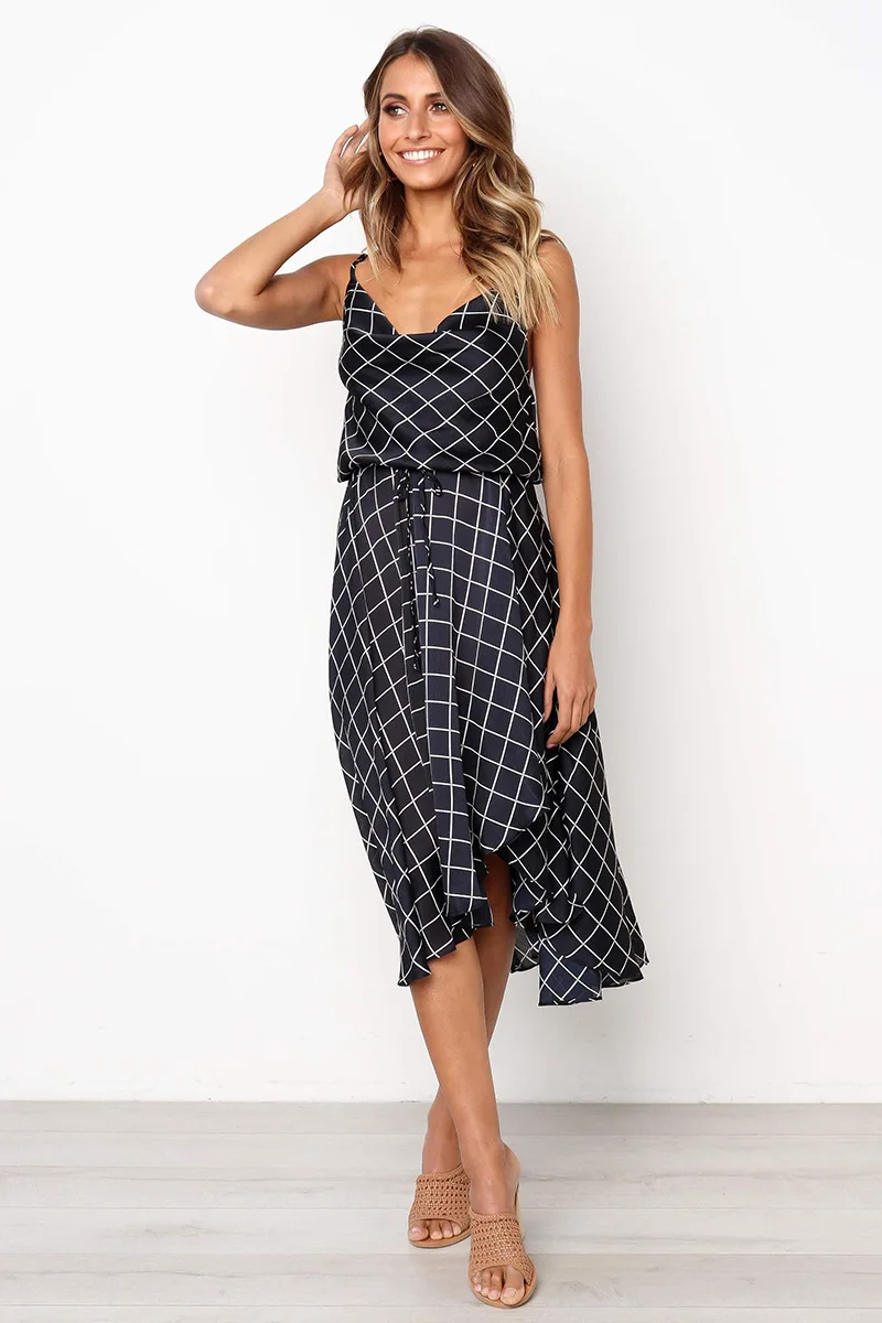 2019 Fashion Women Dress Summer Plaid Laced Sexy V-neck Halter Irregular Sleeveless Bohemian Mid Calf Female Beach Dresses | Женская