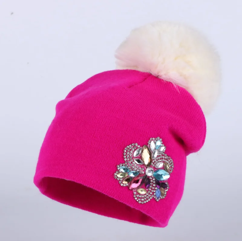fuchsia hat Вязаная зимняя шапка для детей от 0 до 3 лет, шапка для мальчиков и девочек из хлопка цвета фуксии с помпоном, Детские шапочки с цветочным принтом, Повседневные шапки skullies - Цвет: fuchsia hat