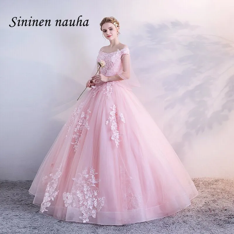 Розовое платье Quinceanera с открытыми плечами и рукавами аппликацией бальное размера